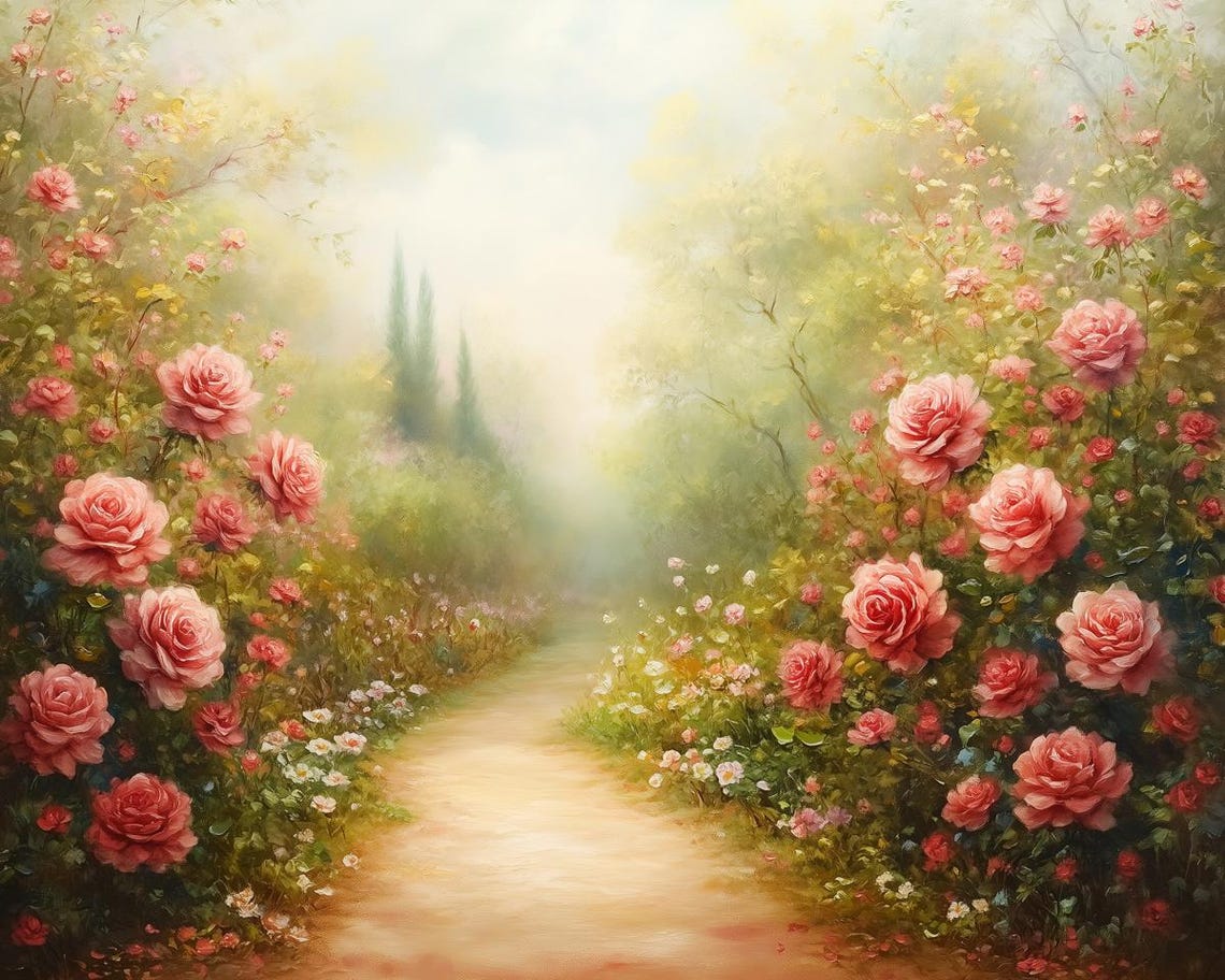 Pink Rose Garden Path Dreamy Monet Style Impressionist Poster