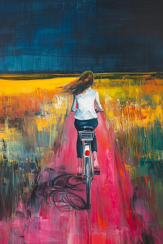 Expressionist Woman Cycling Through a Golden Field at Dusk in Thick Impasto Poster
