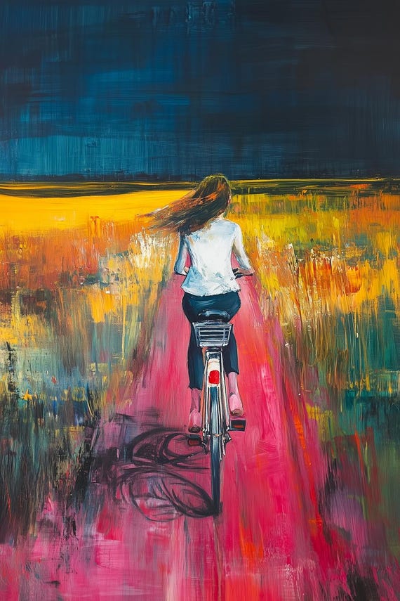 Landscape Bicycle Ride Print Inspired By Van Gogh Featuring A Vibrant Bicycle Ride Through A Colorful Landscape For Wall Art Decor