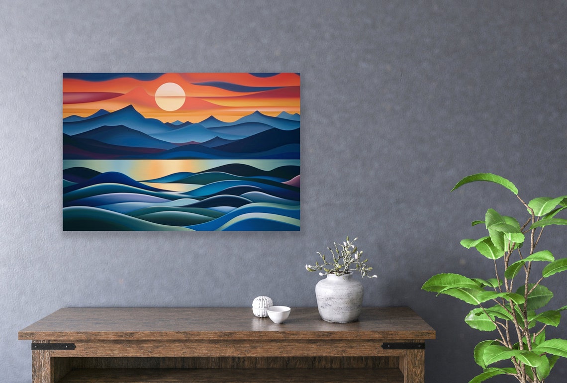 Serene Sunset Over Layered Blue Mountains Tranquil Lake Poster - Image 2