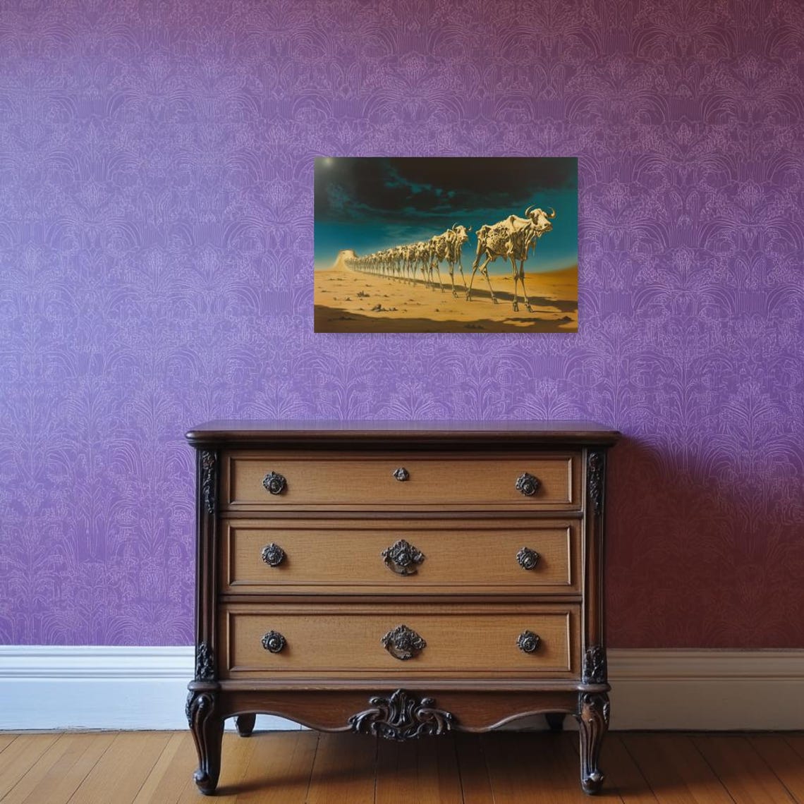 Surreal Skeleton Cows Marching Desert Dali Style Dreamlike Art Print - Image 3