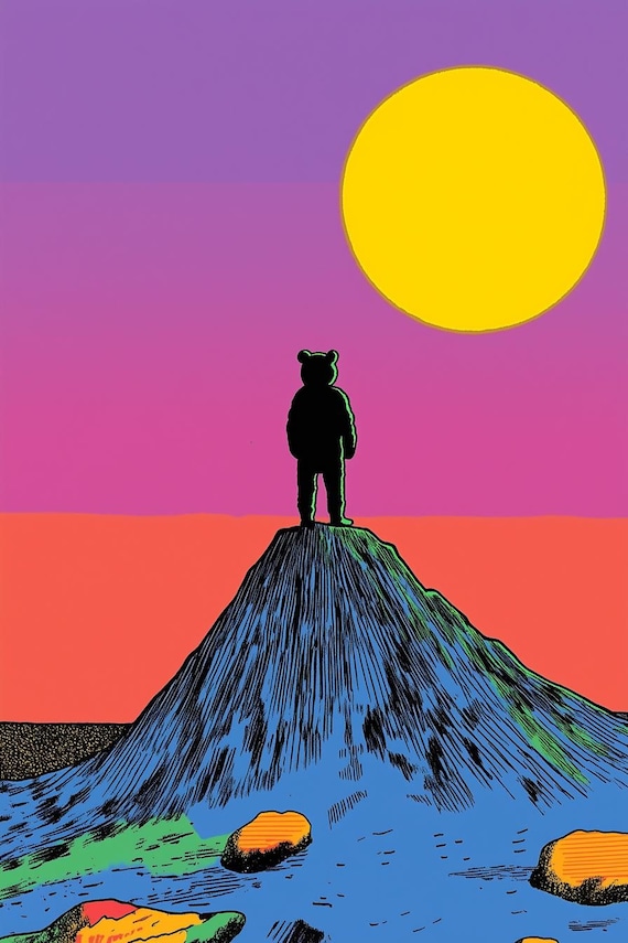 Bear Silhouette Mountain Peak Sunset Retro Adventure Pop Poster