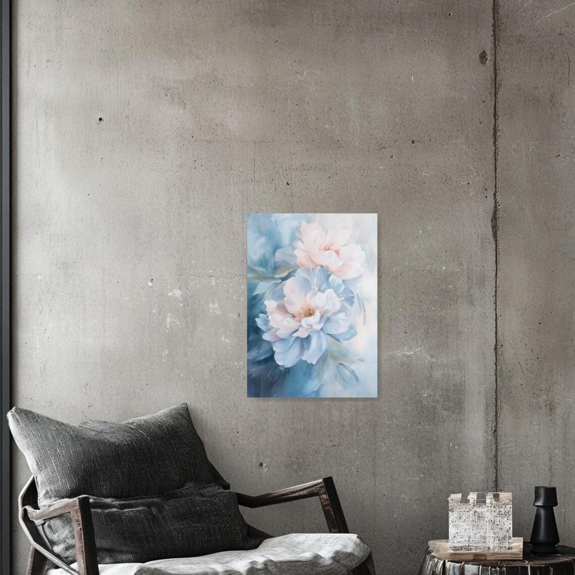 Soft Pastel Peony Flowers in Dusty Blue and Blush Pink Poster - Image 3