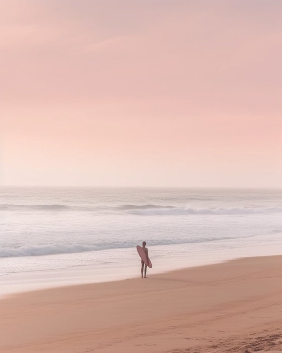 Serene Solitude A Cinematic Shot Of A Distant Surfer On An Empty Pink Beach Photography Print Wall Art Picture Custom Curators