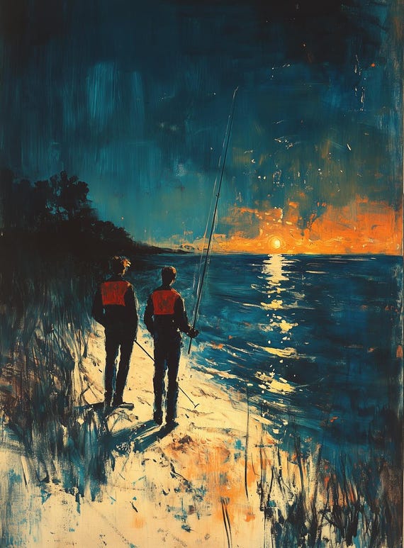 Sunset Fishing Print Inspired By Impressionist Masters Custom Wall Art Vibrant Outdoor Home Decor