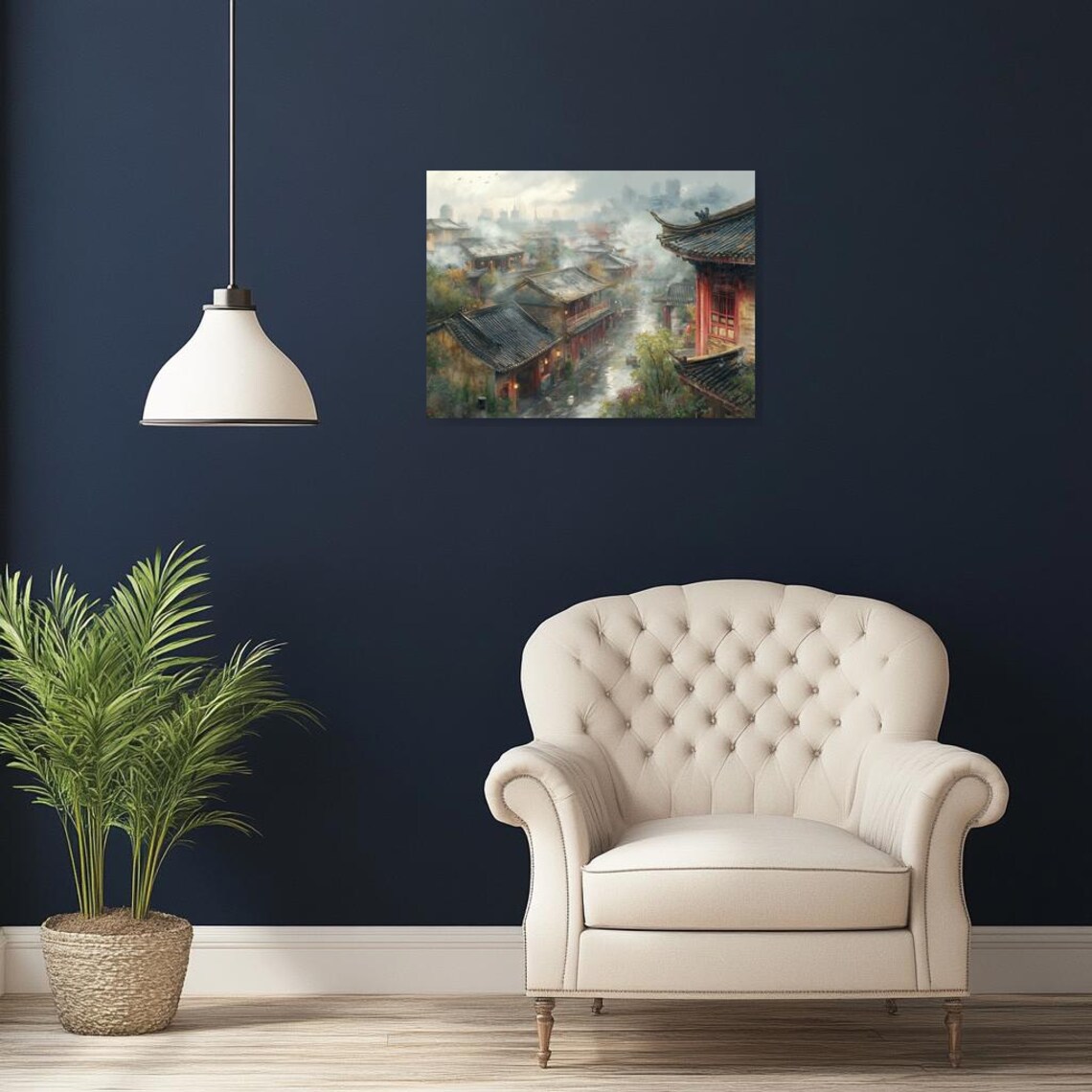 Mist Covered Ancient Chinese Village Curved Roof Street Scene Poster - Image 3