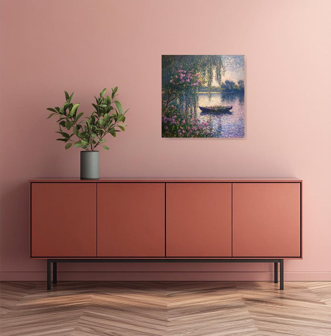 Tranquil River Boat Blossoms Willows Monet-Style Impressionist Poster - Image 2