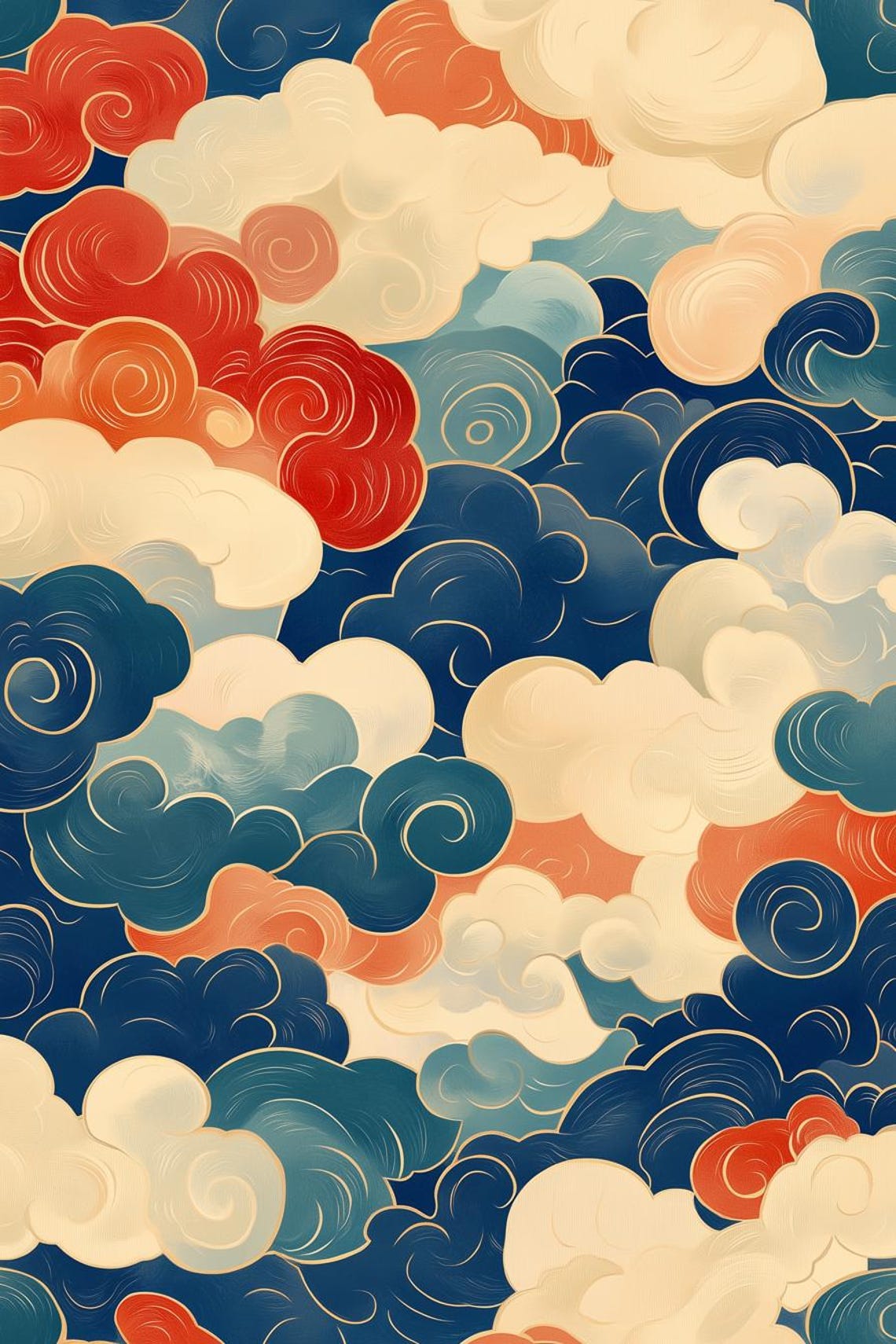 Custom Print Of Whimsical Colorful Clouds Inspired By Japanese Ukiyo E Art For Modern Home Decor
