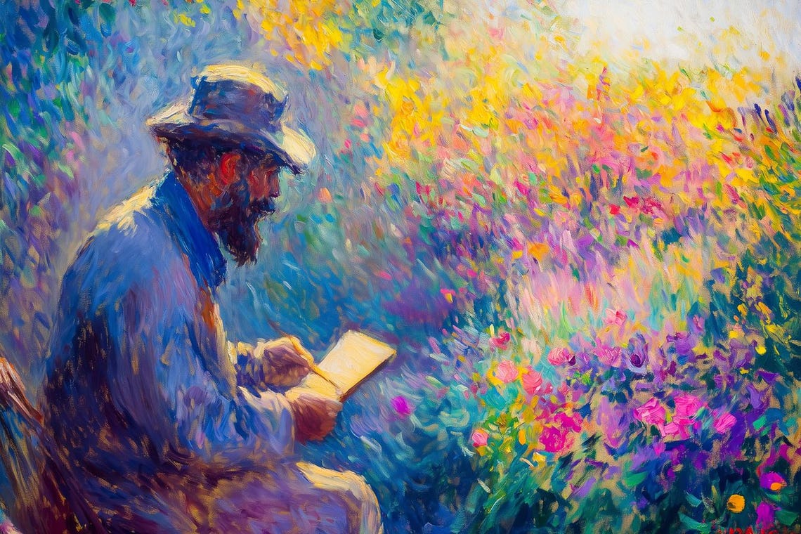 Impressionist Bearded Man Reading Amid Flower Garden Book Art Poster