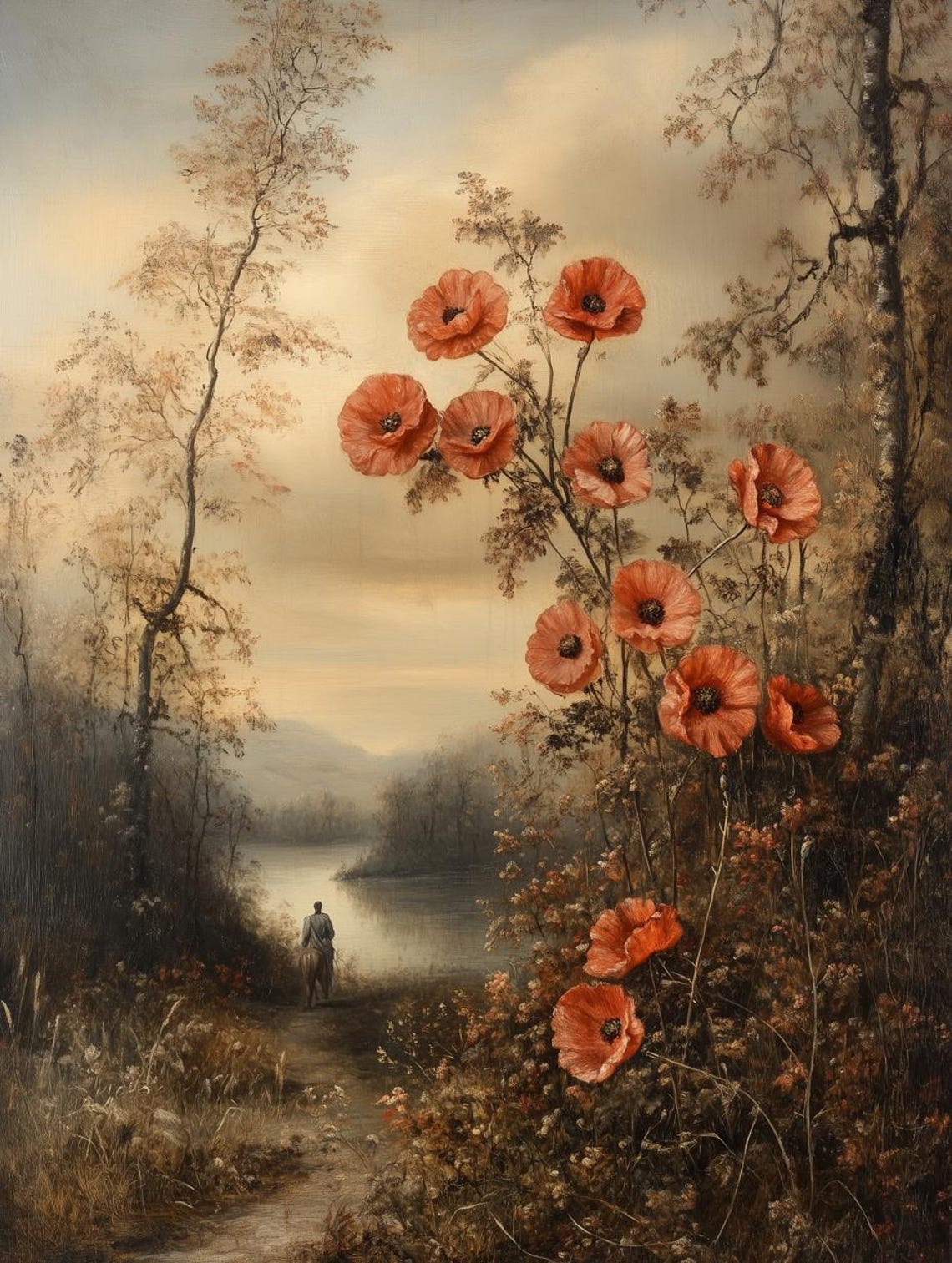 Red Poppies by Misty Riverside Vintage Impressionist Landscape Poster