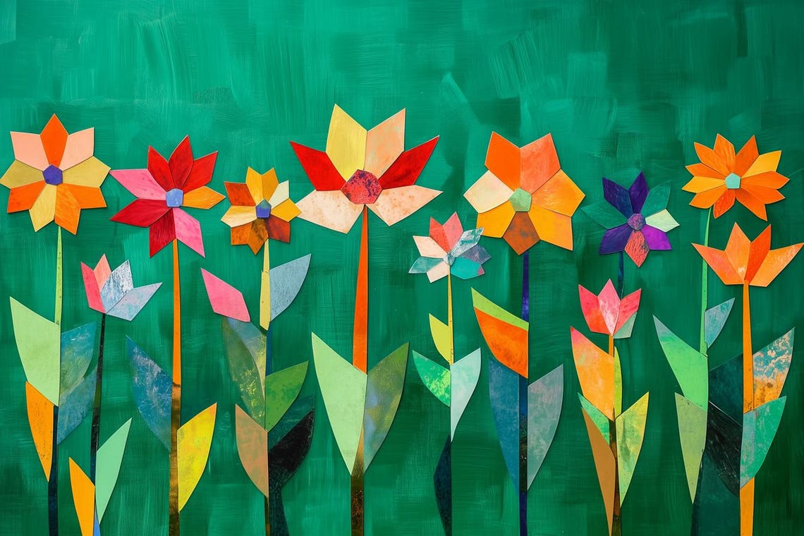 Cheerful Paper Cut Flowers On Emerald Green Collage Art Poster