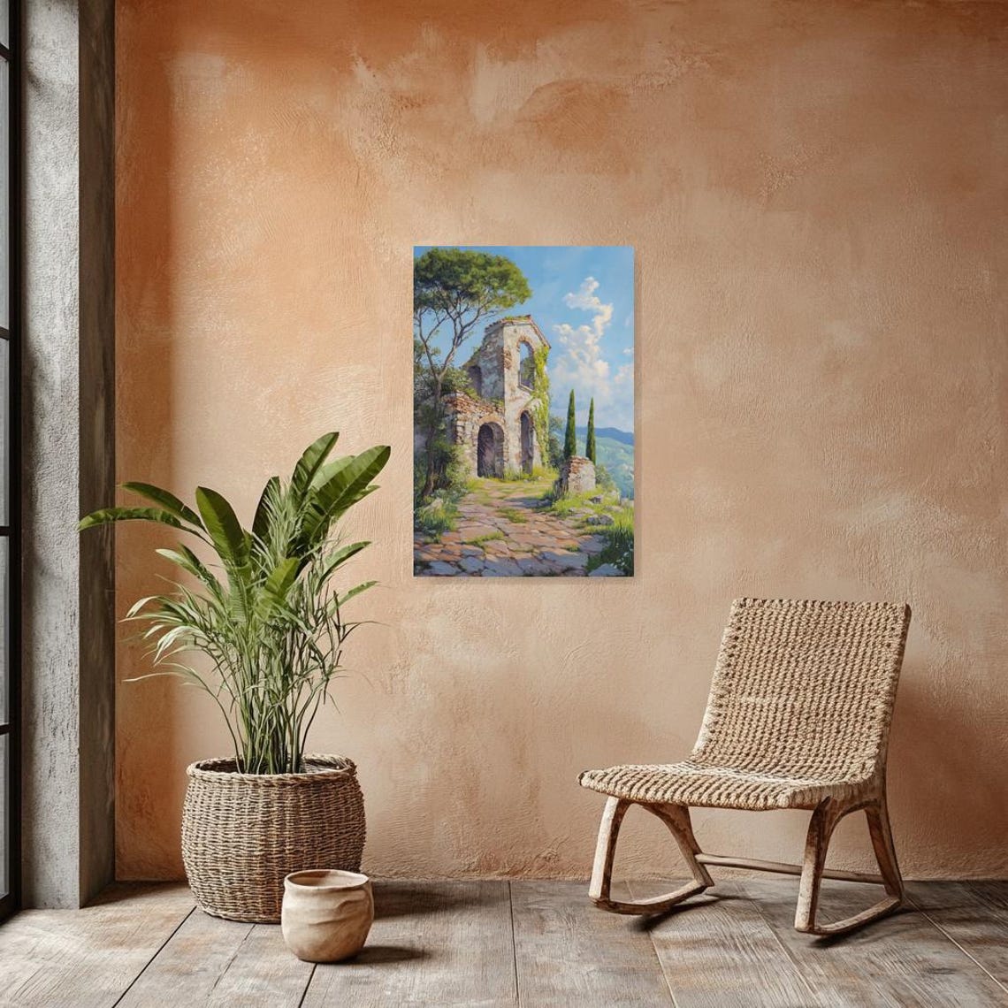 Custom Print Of Abandoned Stone Ruins Inspired By Claude Monet With Lush Greenery For Home Decor Wall Art - Image 2