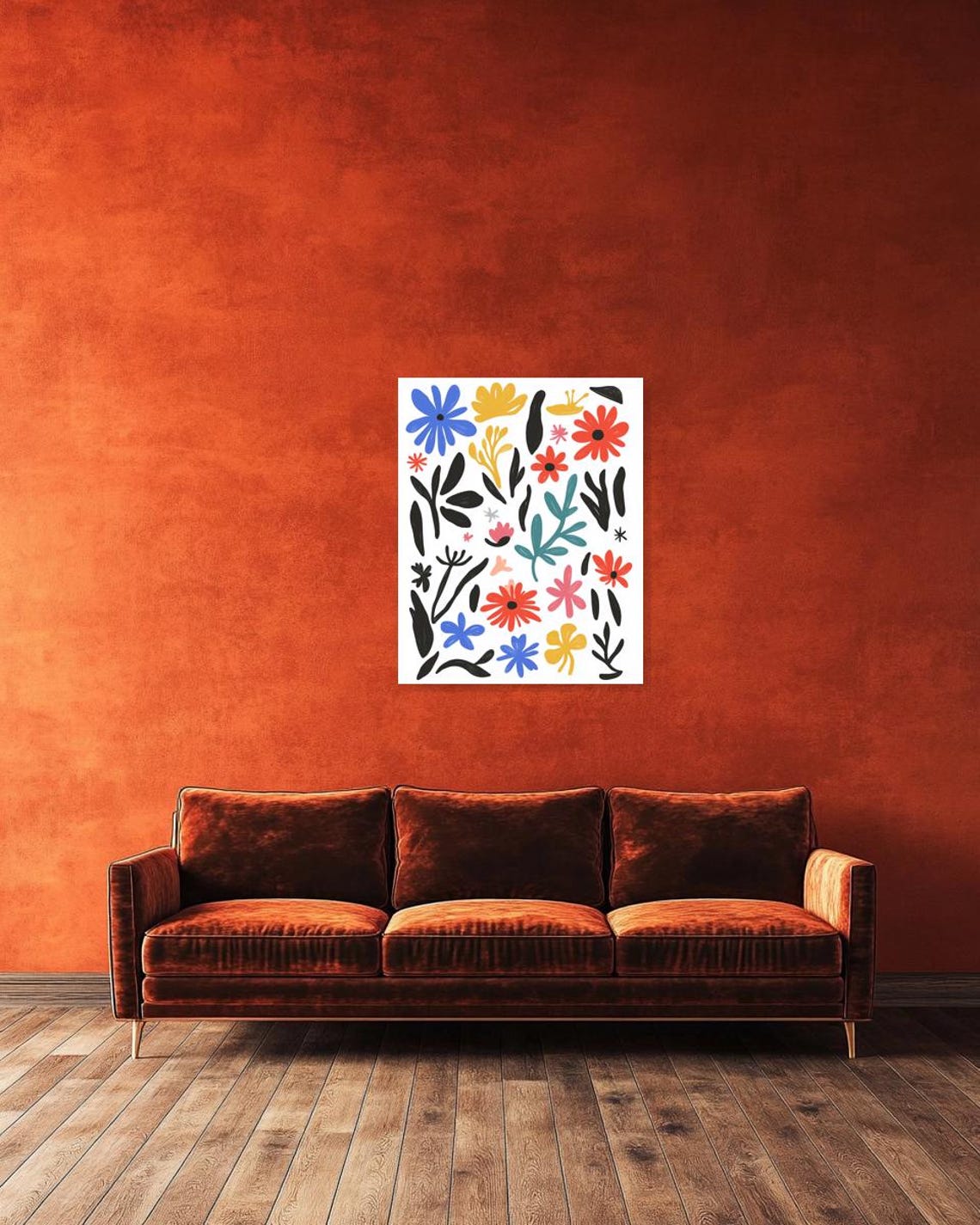 Bold Matisse Style Floral Pattern in Red Blue and Yellow Poster - Image 3