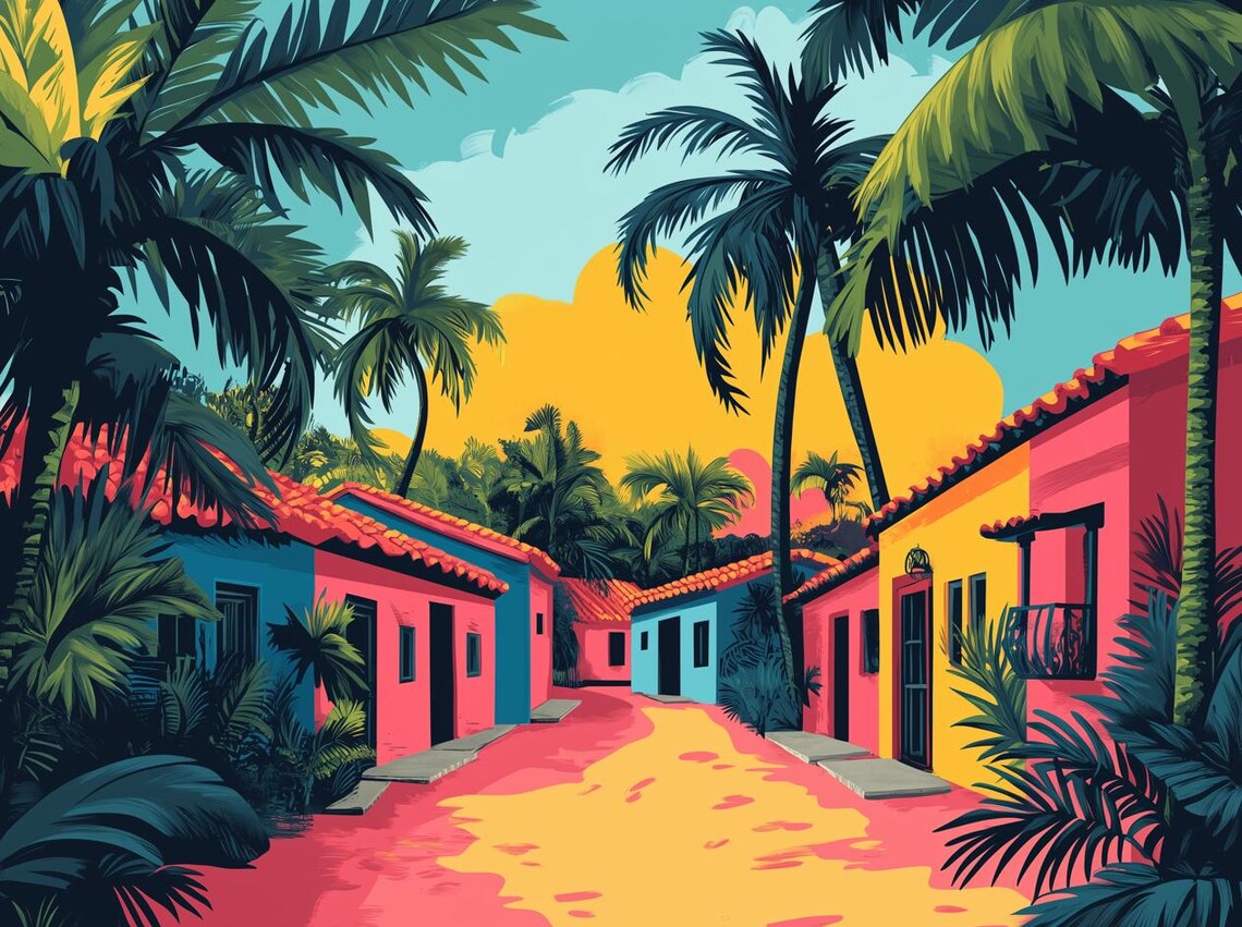 Vibrant Tropical Village Street Palms Colorful Sunset Home Art Poster