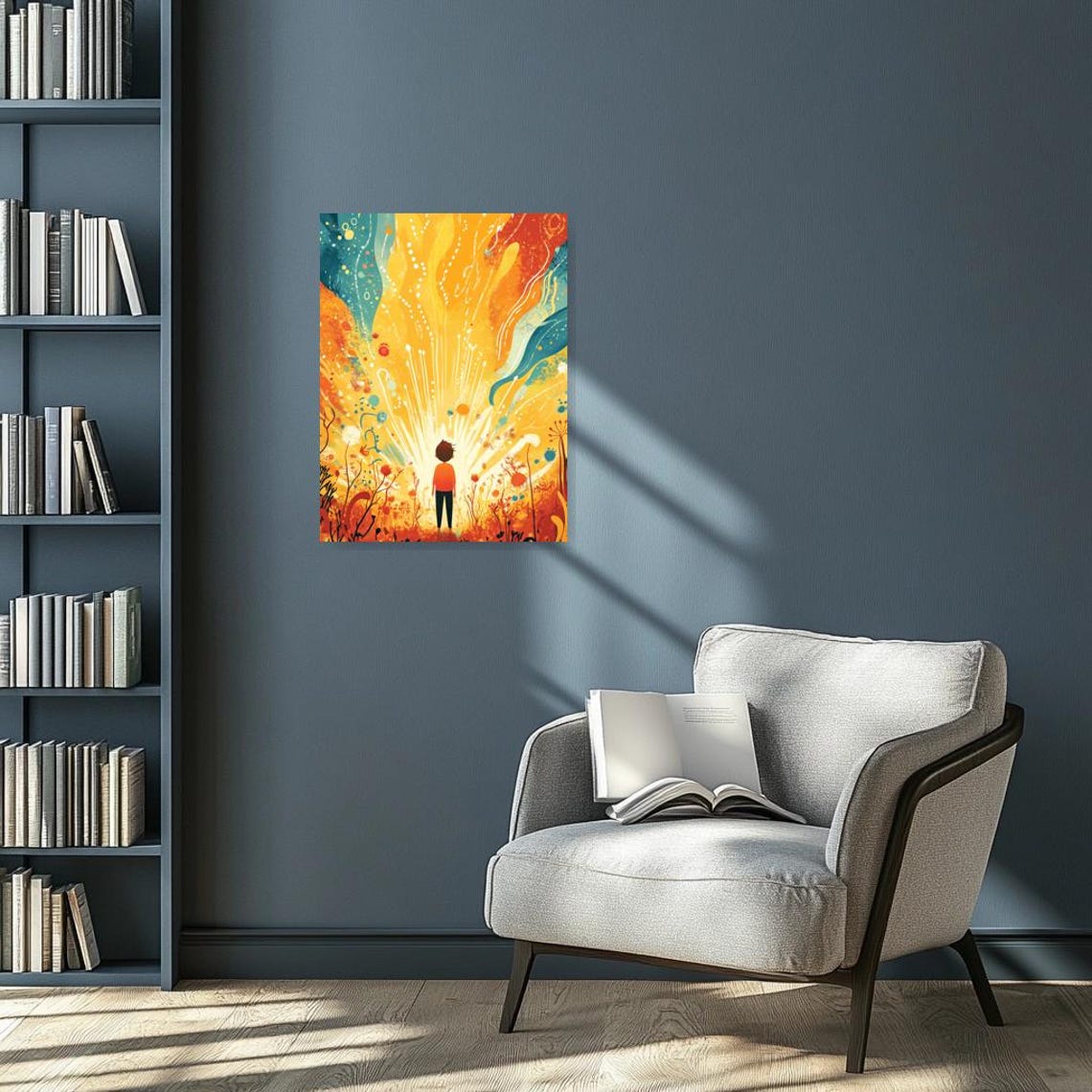 Whimsical Boy In Abstract Sunrise Print Vibrant Colors Wall Art Inspired By Modern Illustration - Image 2