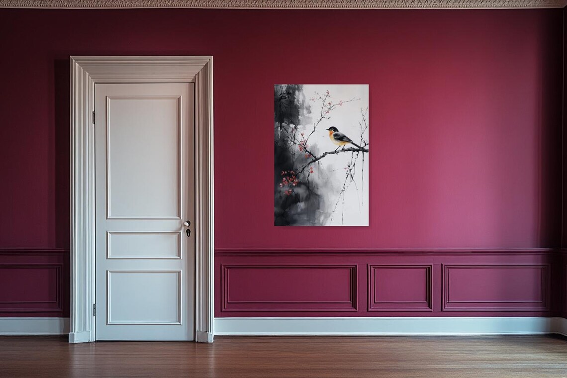 Japanese Ink Painting Bird On Flowering Blossom Branch Zen Poster - Image 2