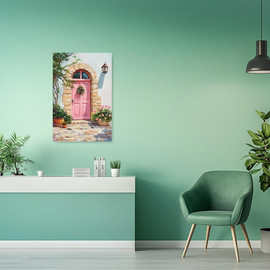 Pink Arched Door with Stone Frame and Blooming Flower Pots Poster - Image 2