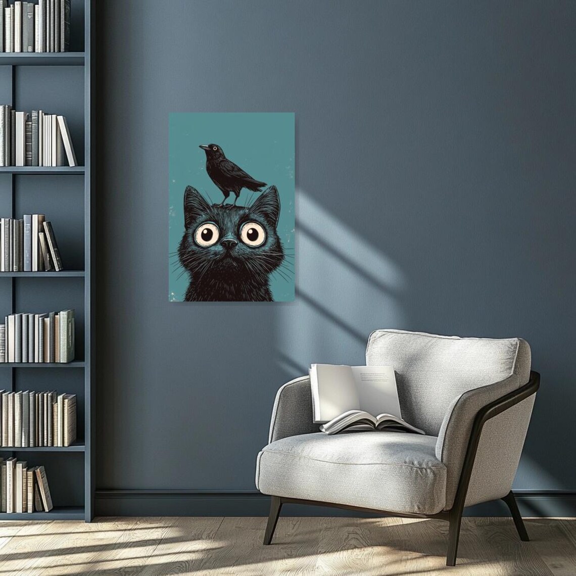 Funny Black Cat With Wide Eyes and Crow on Head Cartoon Art Poster - Image 2