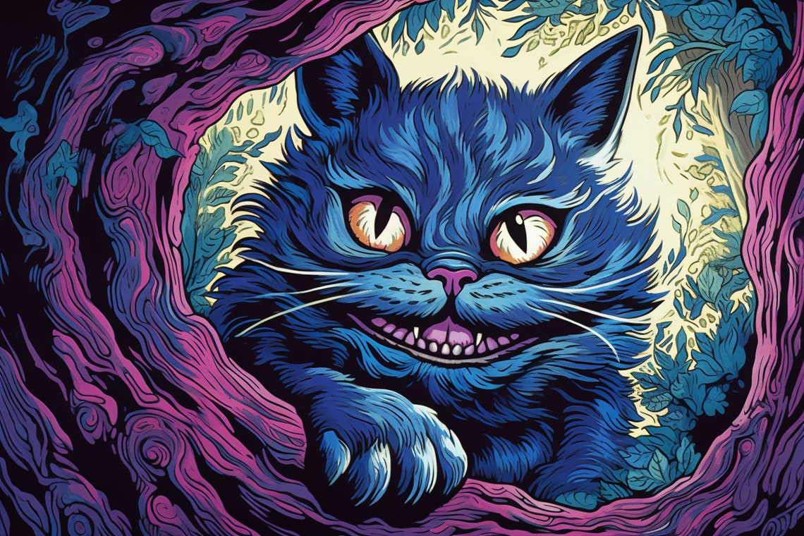 Blue Cheshire Cat Grinning In Tree Hollow Linocut Art Poster