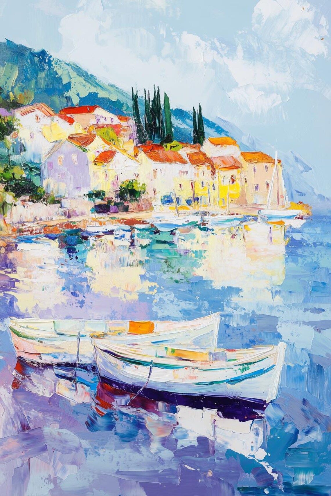 Mediterranean Fishing Village with Boats and Red Roofs Poster