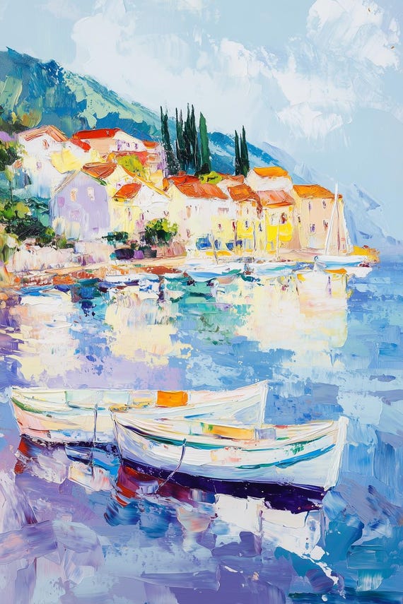 Colorful Impressionist Coastal Scene Print With Boats And Vibrant Architecture For Home Decor