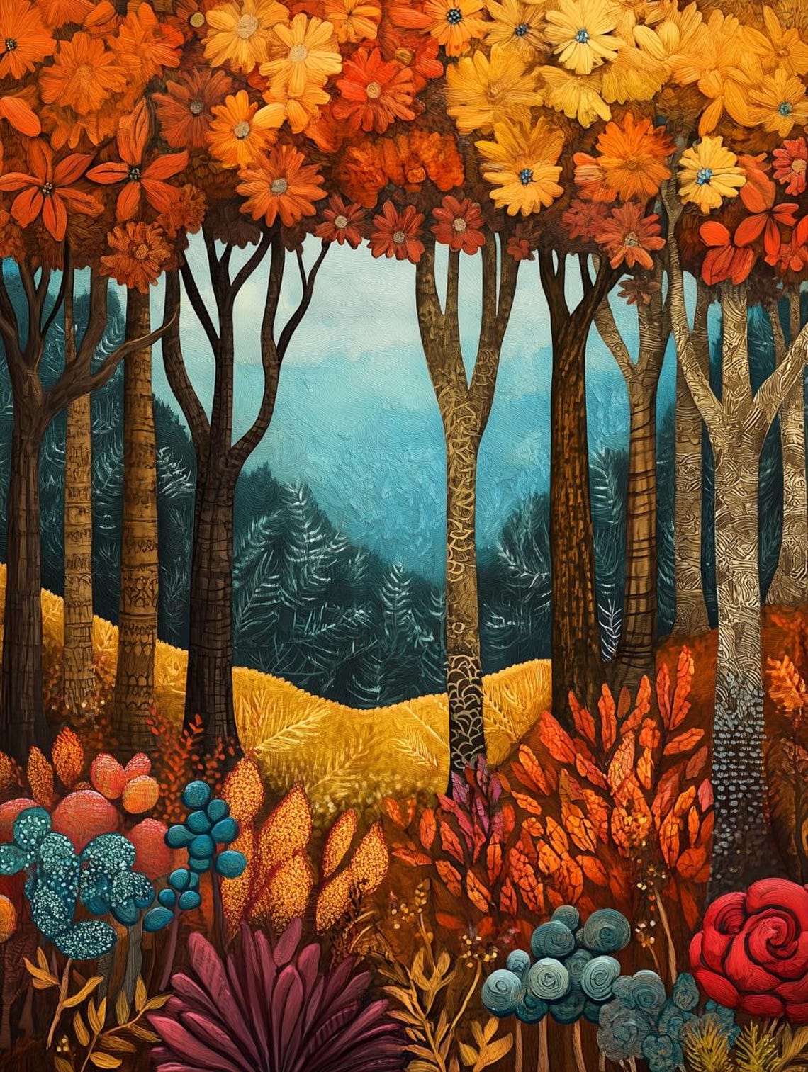 Autumn Forest Golden Flower Canopy Folk Art Landscape Poster