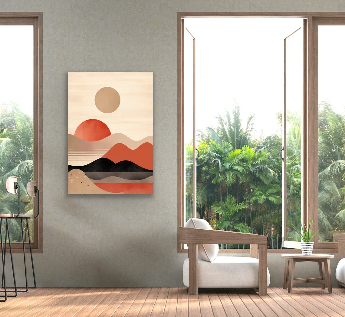 Japanese Watercolor Landscape with Crimson Sun Abstract Valley Poster - Image 2