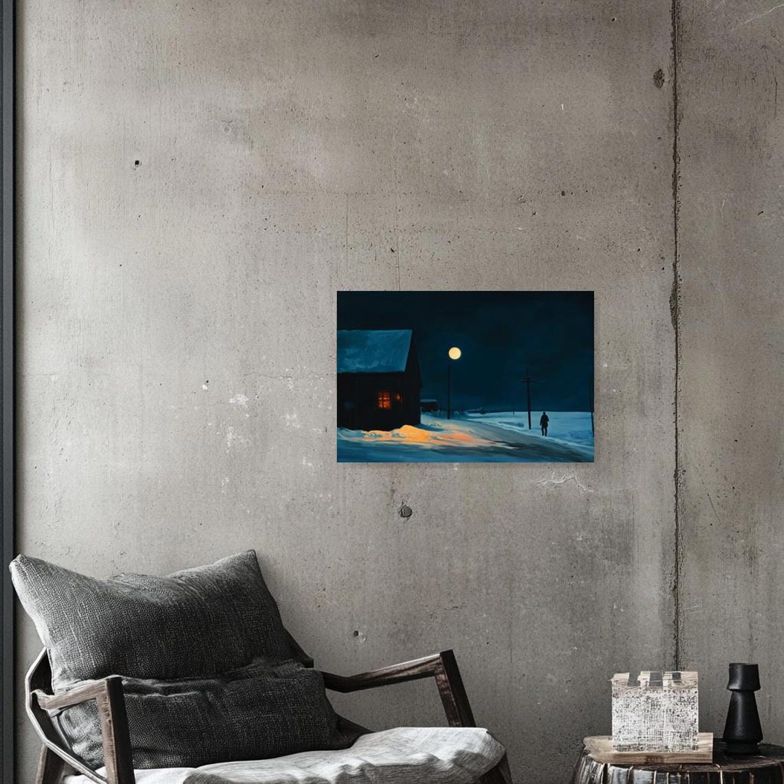Moonlit Snowy Country Road with Warm Glowing Cabin Lights Poster - Image 3