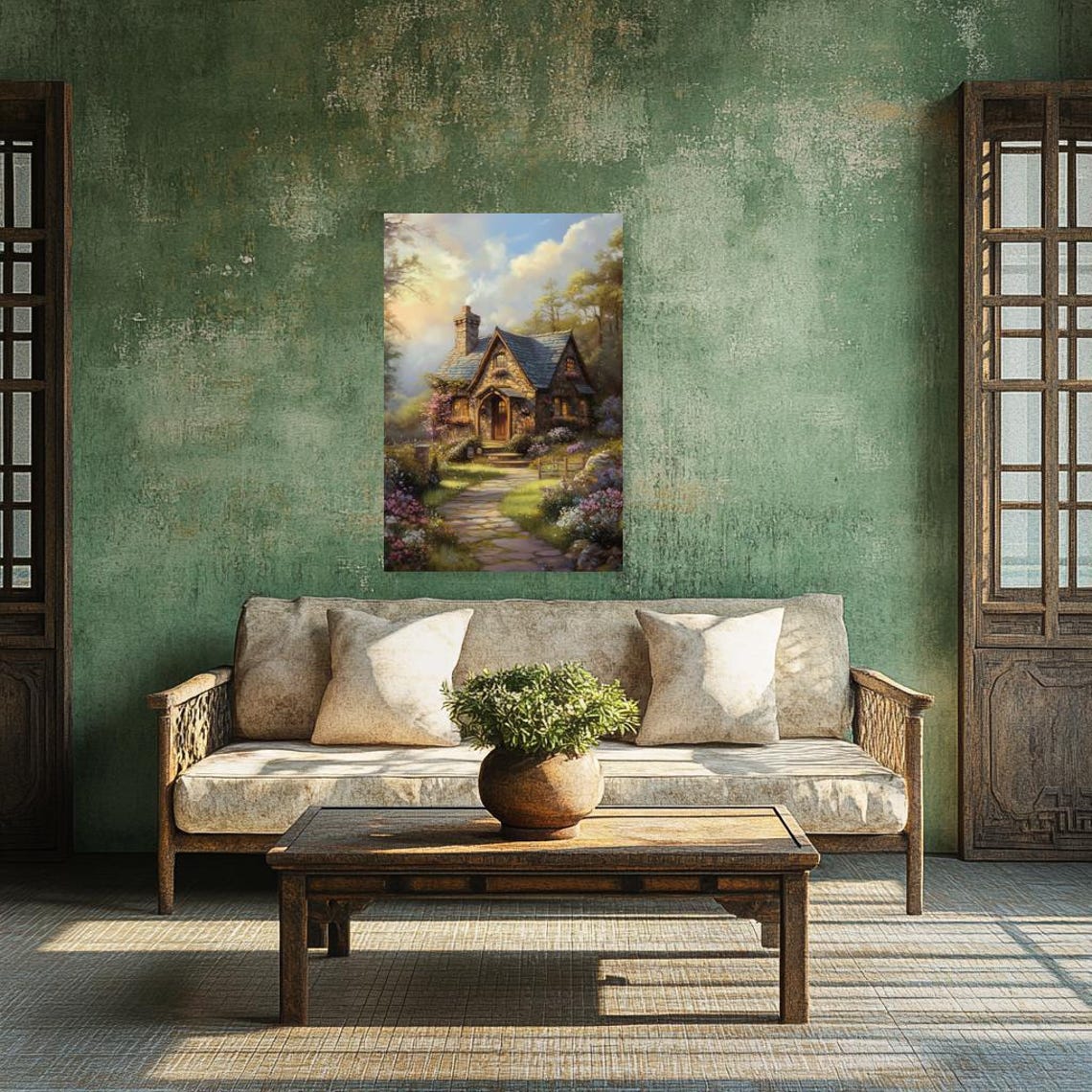 Storybook Stone Cottage With Blooming Garden At Golden Hour Poster - Image 2