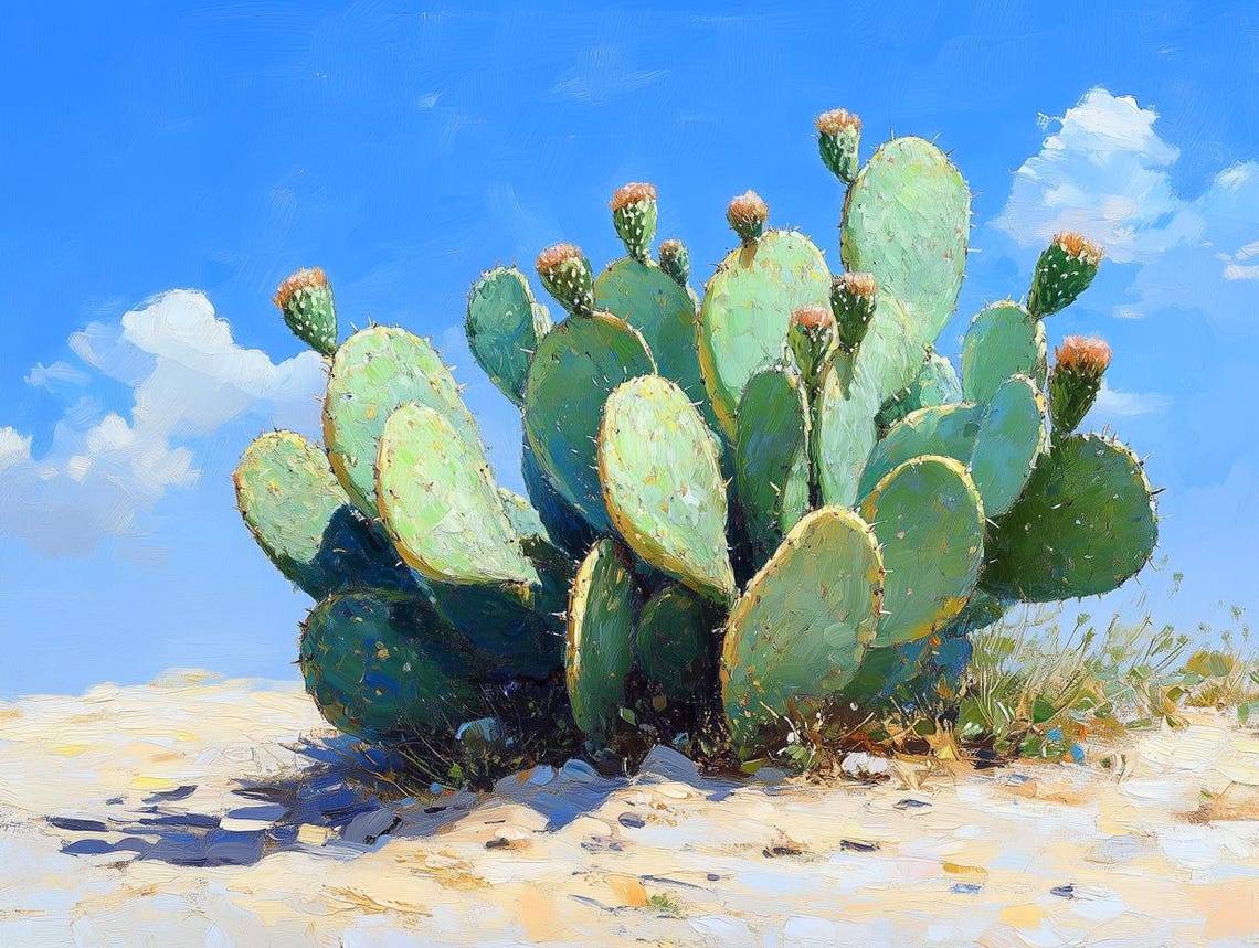 Prickly Pear Cactus Under a Bright Blue Sky Impressionist Oil Poster