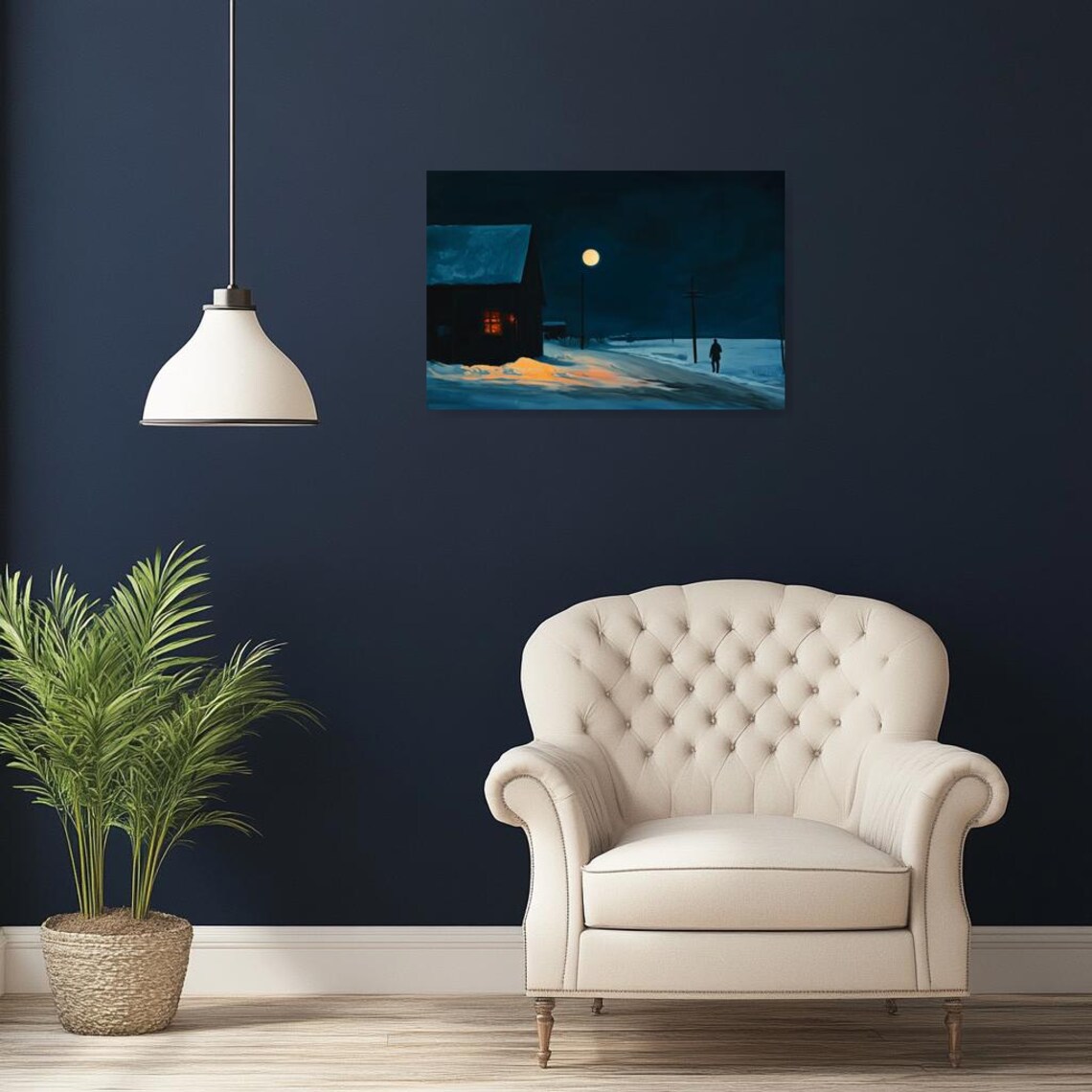 Moonlit Snowy Country Road with Warm Glowing Cabin Lights Poster - Image 2