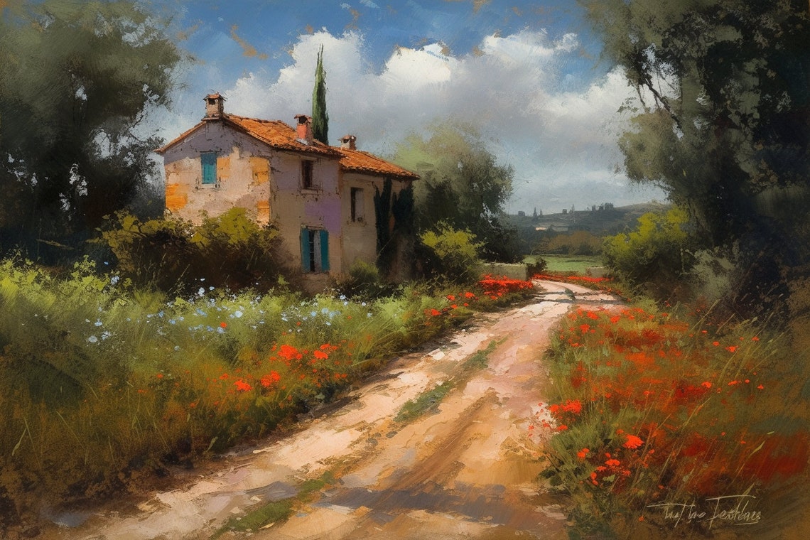 Charming Rustic House Blue Shutters Poppy Path Countryside Poster
