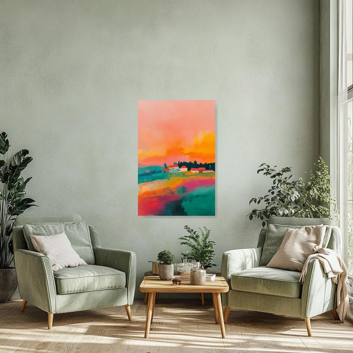 Dreamy Colorful Village Sunset Red Rooftops Vibrant Art Poster - Image 3