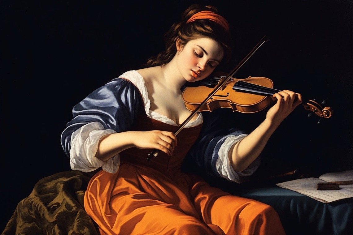 Baroque Beauty Original Artemisia Gentileschi Style Portrait Of Young Woman Playing Violin Custom Wall Art Oil Painting