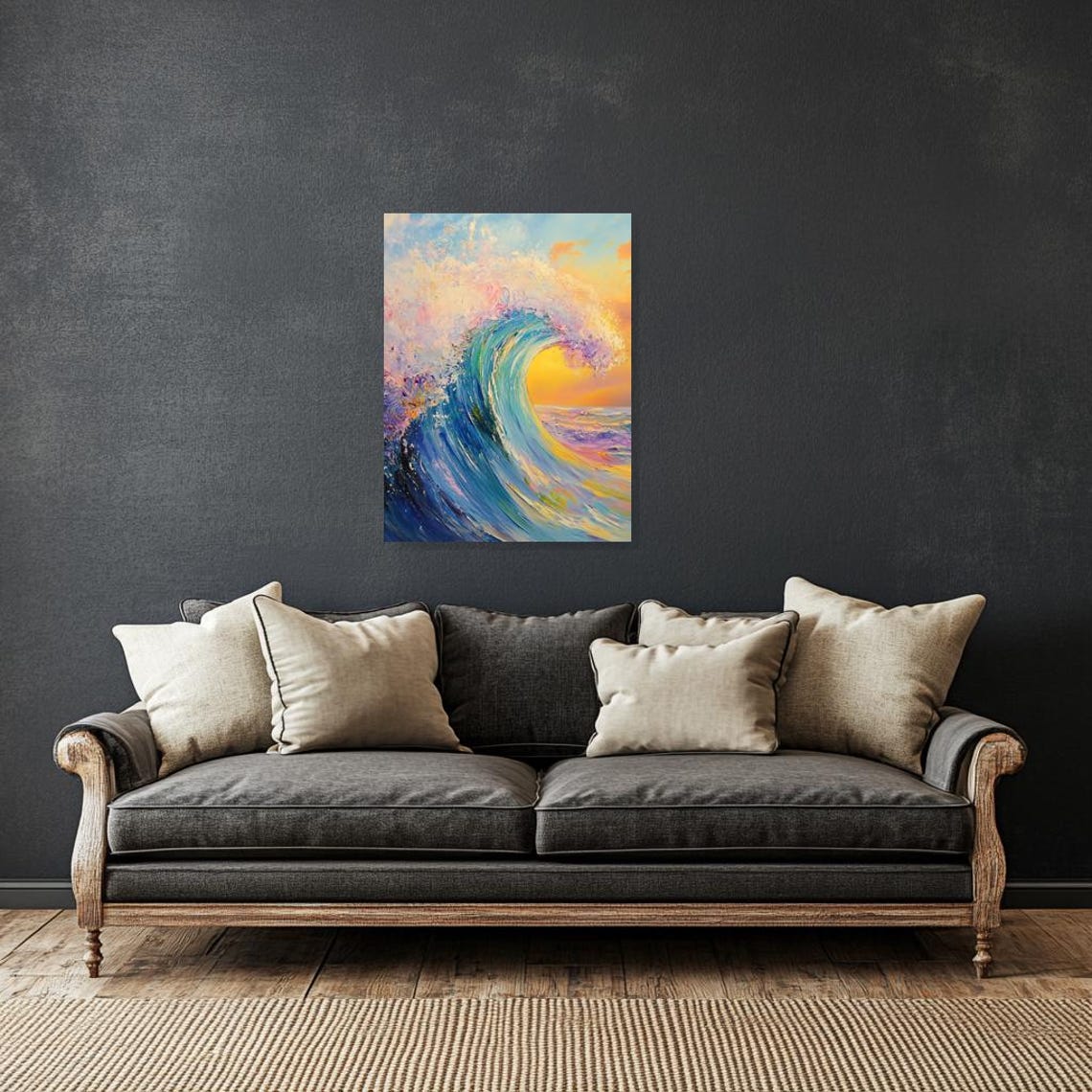 Dynamic Coastal Wave Print Inspired By Impressionist Styles With Bold Colors And Textured Finish For Home Decor - Image 2