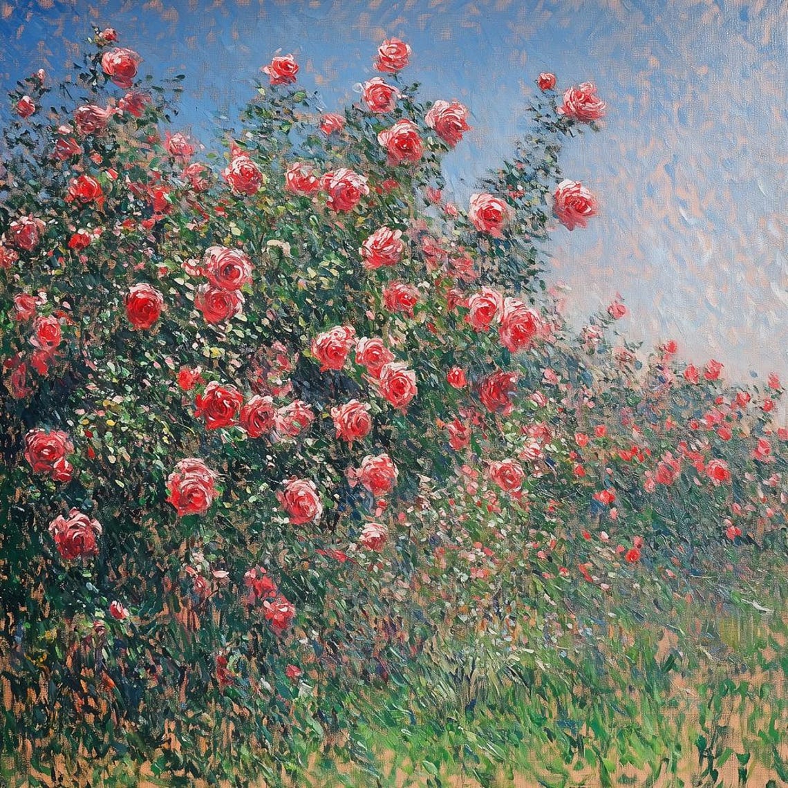 Lush Red Rose Garden Blooming Under Blue Sky Impressionist Poster