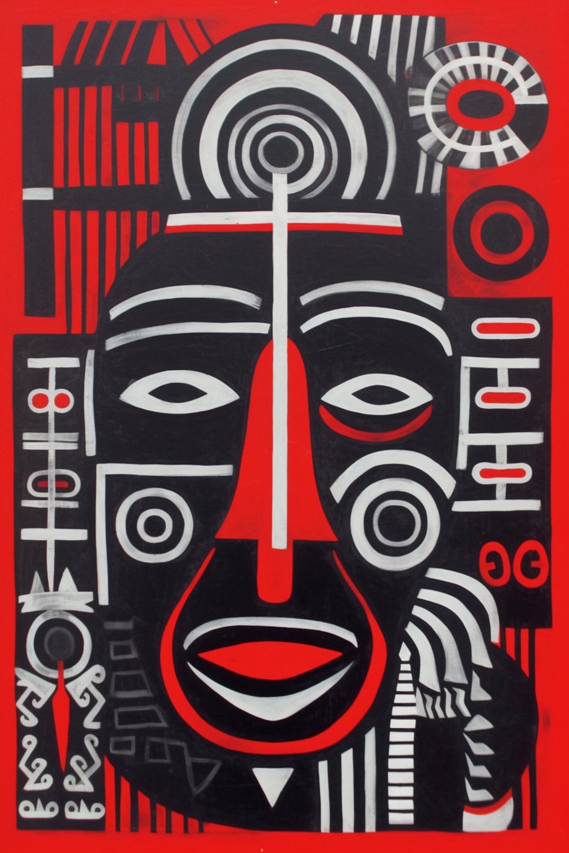 Bold Totemic Mask Figures Red Black Tribal Abstract Art Poster