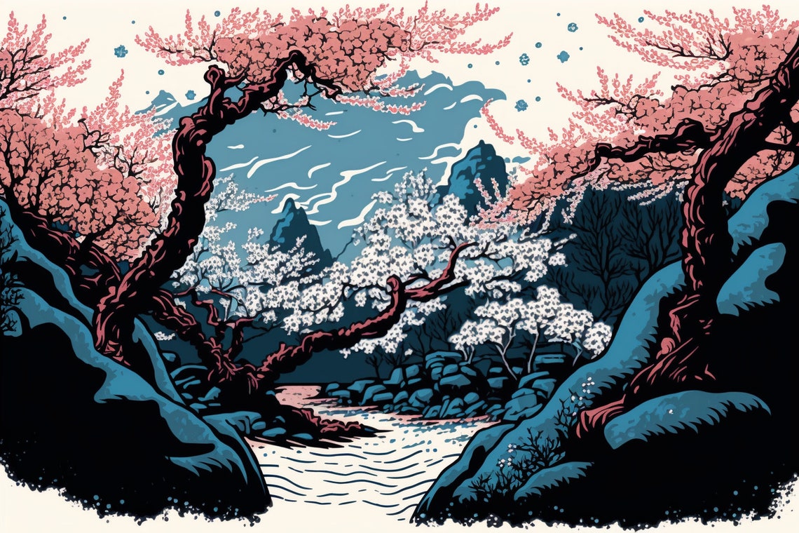 Pink Cherry Blossom Trees Japanese Style Nature Scene Poster