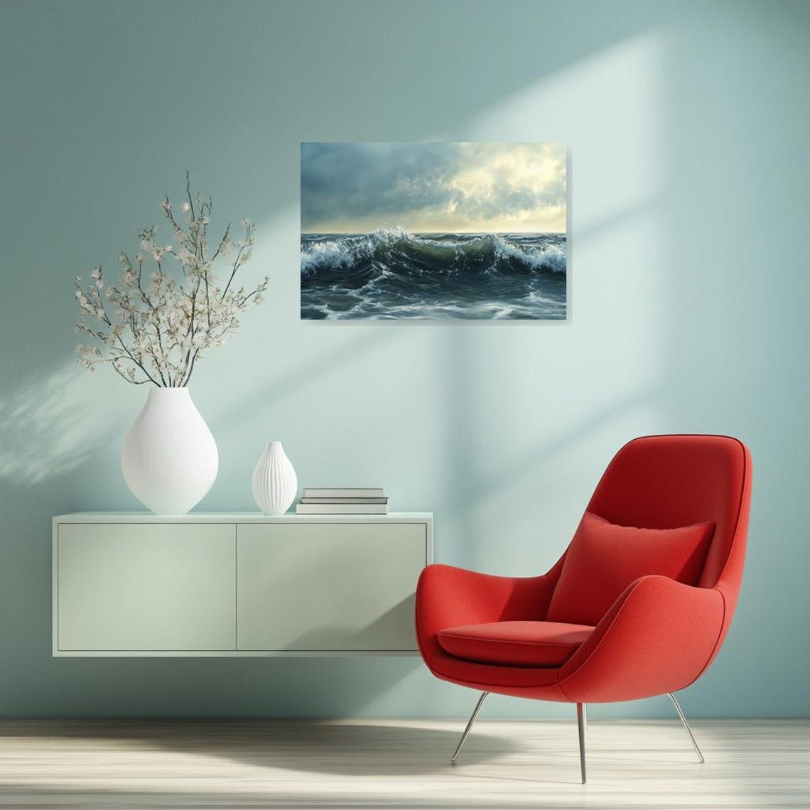 Powerful Ocean Wave Seascape Painting Dramatic Stormy Sea Art Poster - Image 2