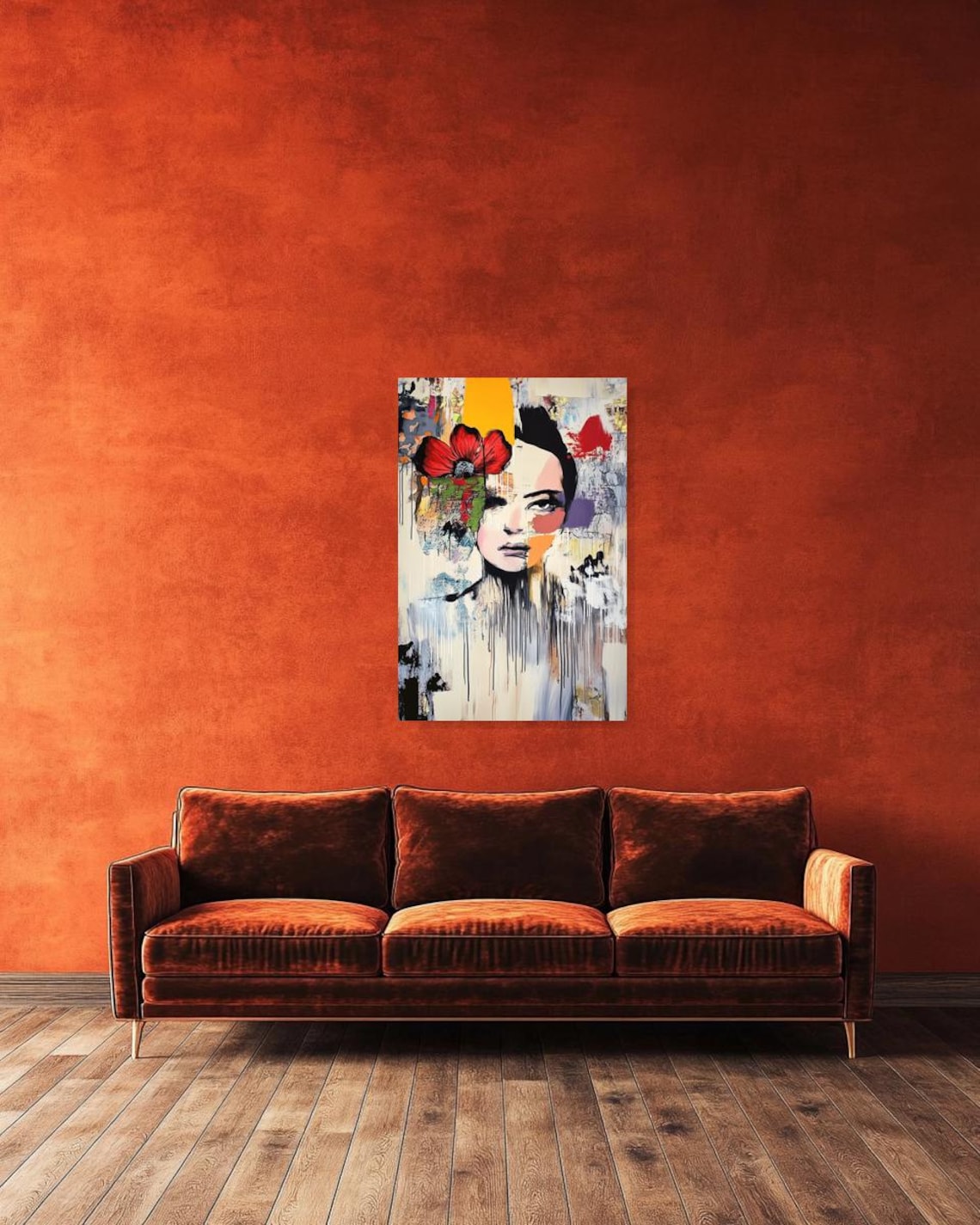 Abstract Woman Portrait Red Poppy Paint Drips Urban Style Art Poster - Image 2