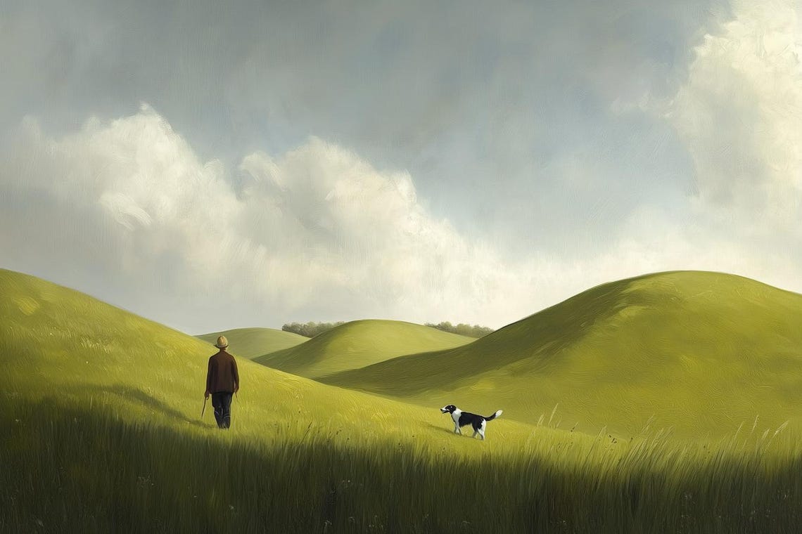 Man Walking Dog Across Rolling Green Hills Cloudy Sky Art Poster