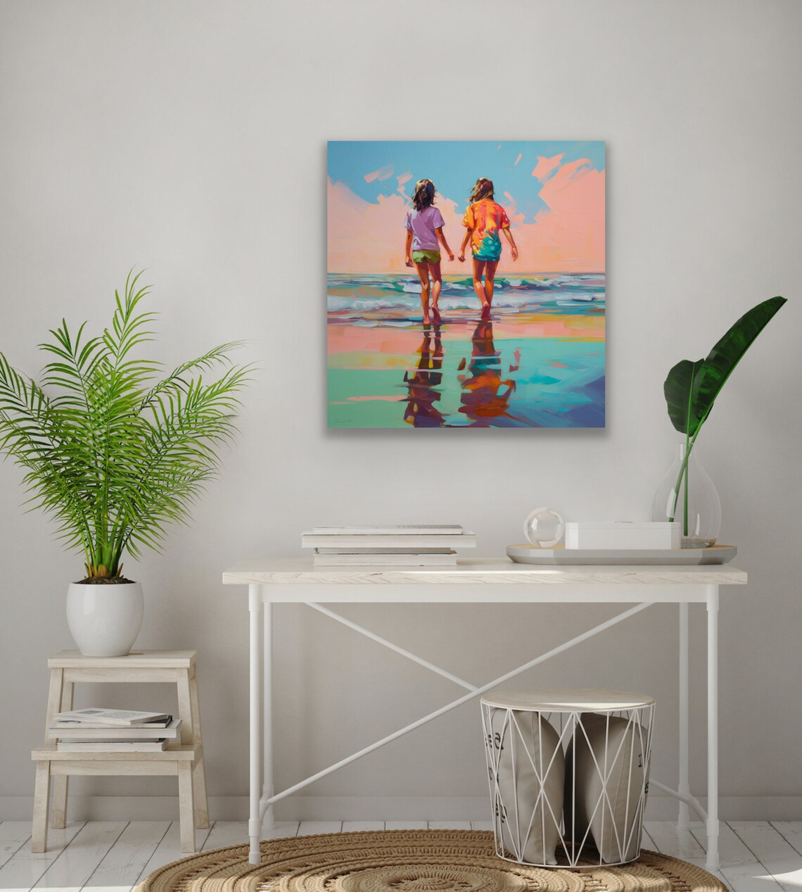 Two Girls Walking on the Beach at Sunset Fauvist Painting Poster - Image 2