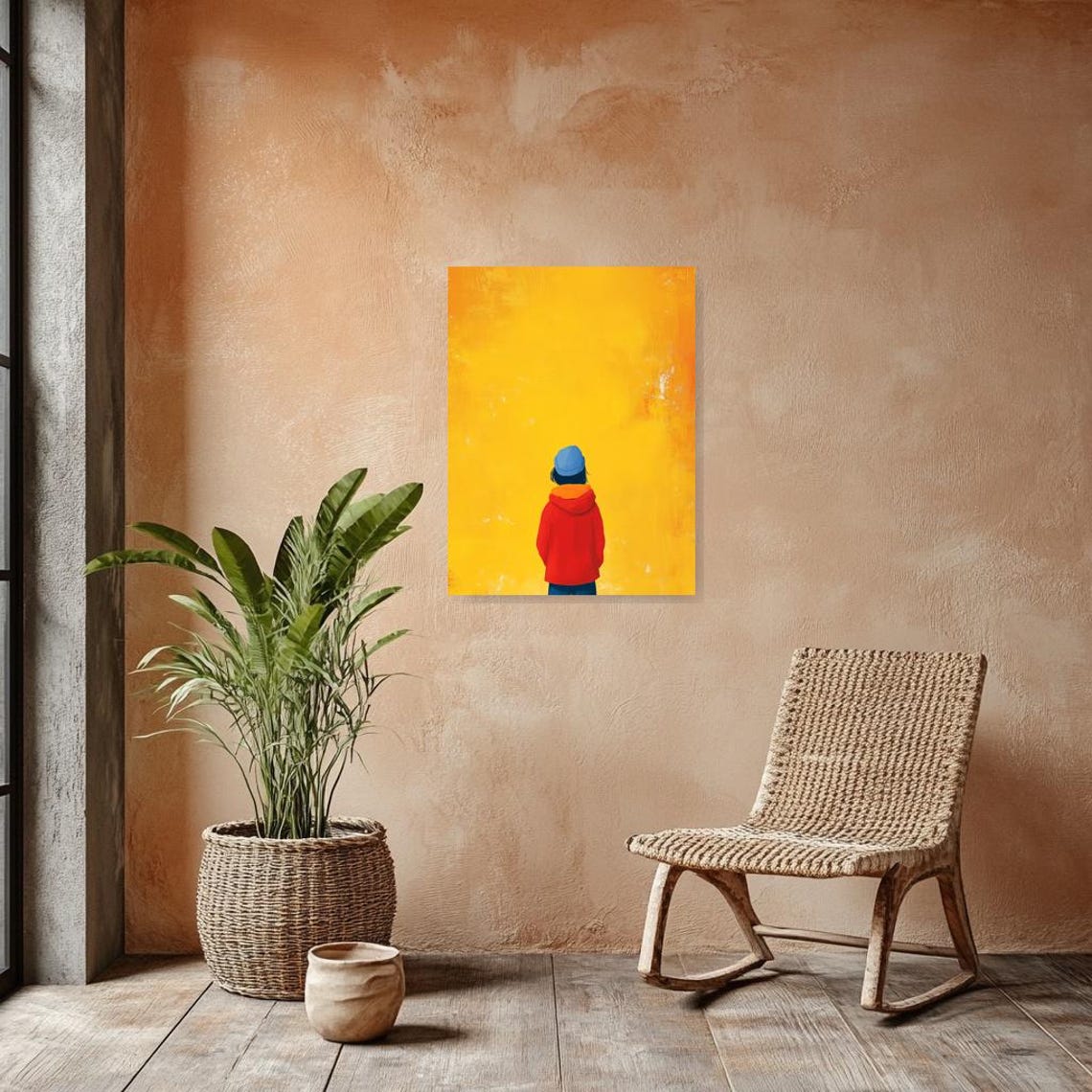 Small Child in a Red Hoodie Facing a Golden Yellow Wall Poster - Image 2