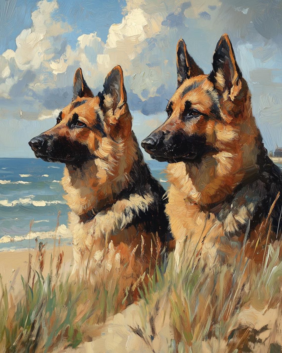 Two German Shepherds Gazing at the Sea on Beach Impressionist Poster
