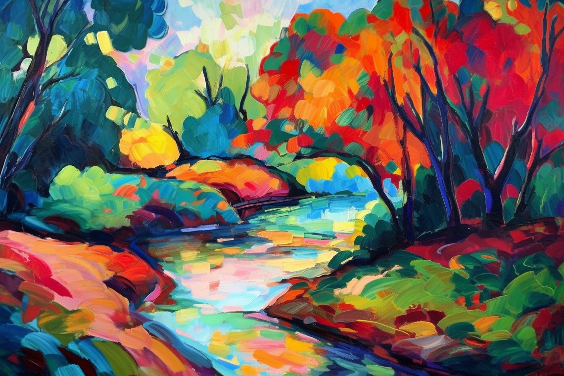 Vibrant Colorful River Landscape Fauvism Abstract Trees Art Poster