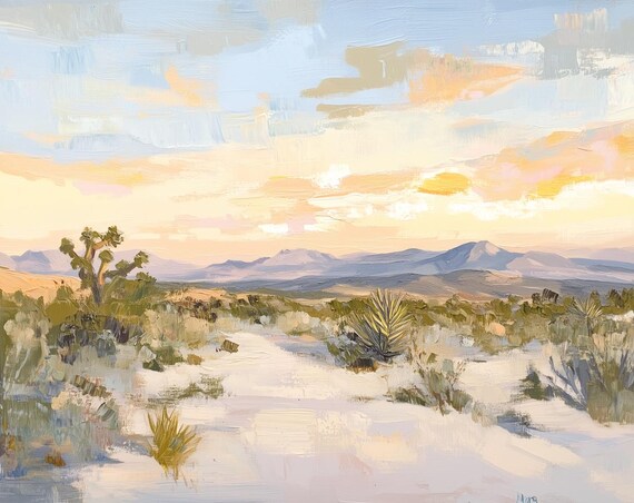 Desert Sunset Landscape with Purple Mountains and Golden Sky Poster