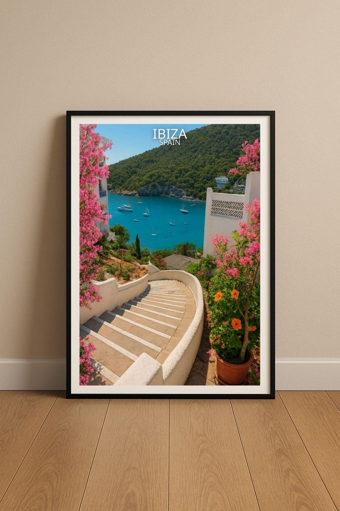Ibiza Spain Bougainvillea Bay Whitewashed Steps Travel Poster