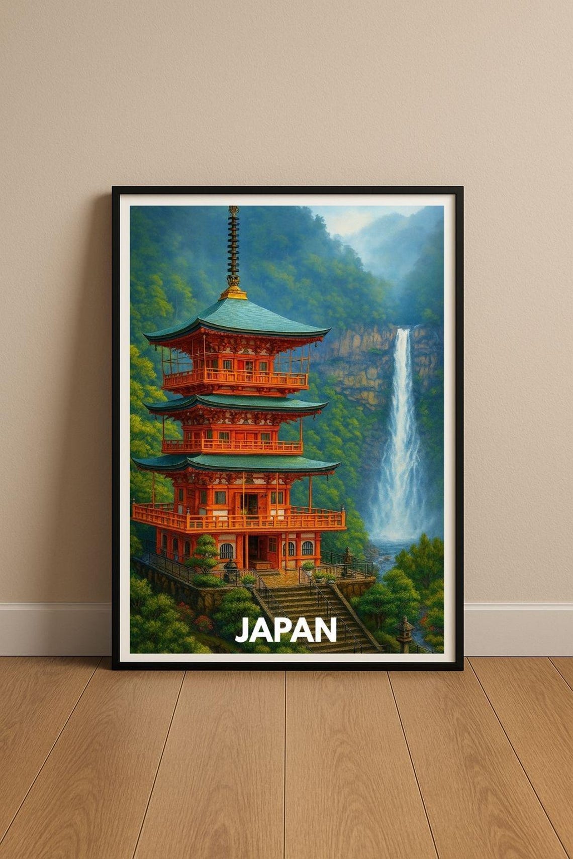 Japan Pagoda Waterfall Travel Poster Vermilion Temple Asian Art