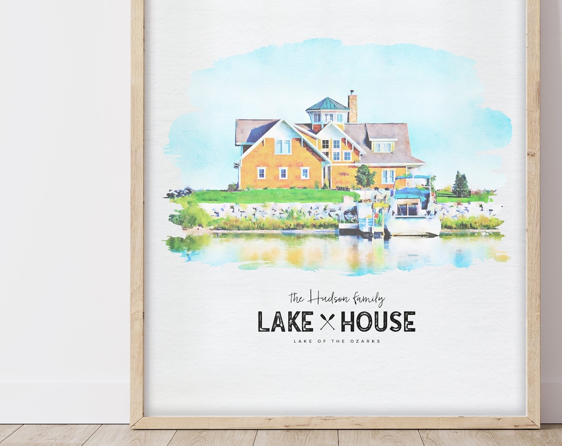 Custom Home Portrait Watercolor Style Lake House Art Print
