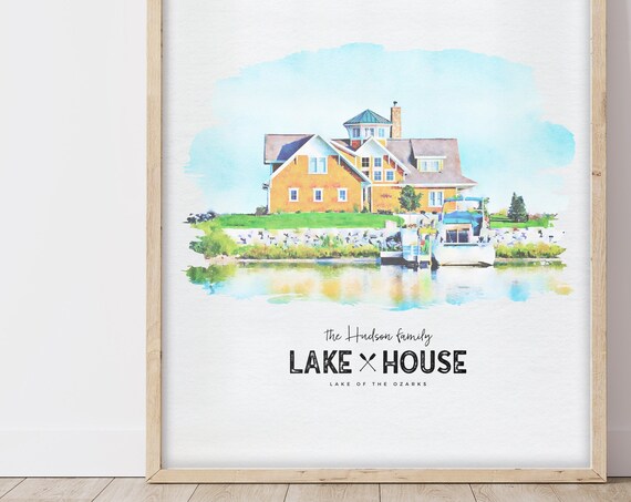 Custom Home Portrait Watercolor Style Lake House Art Print